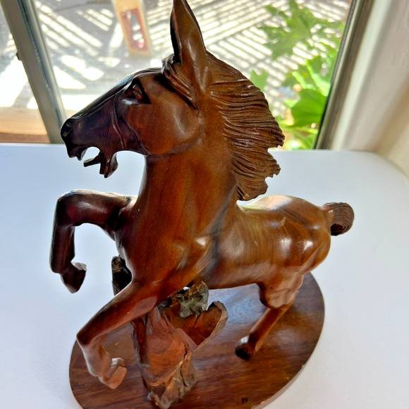 Hand Carved Rearing Stallion Sculpture Solid Wood 18” - Picture 10 of 15